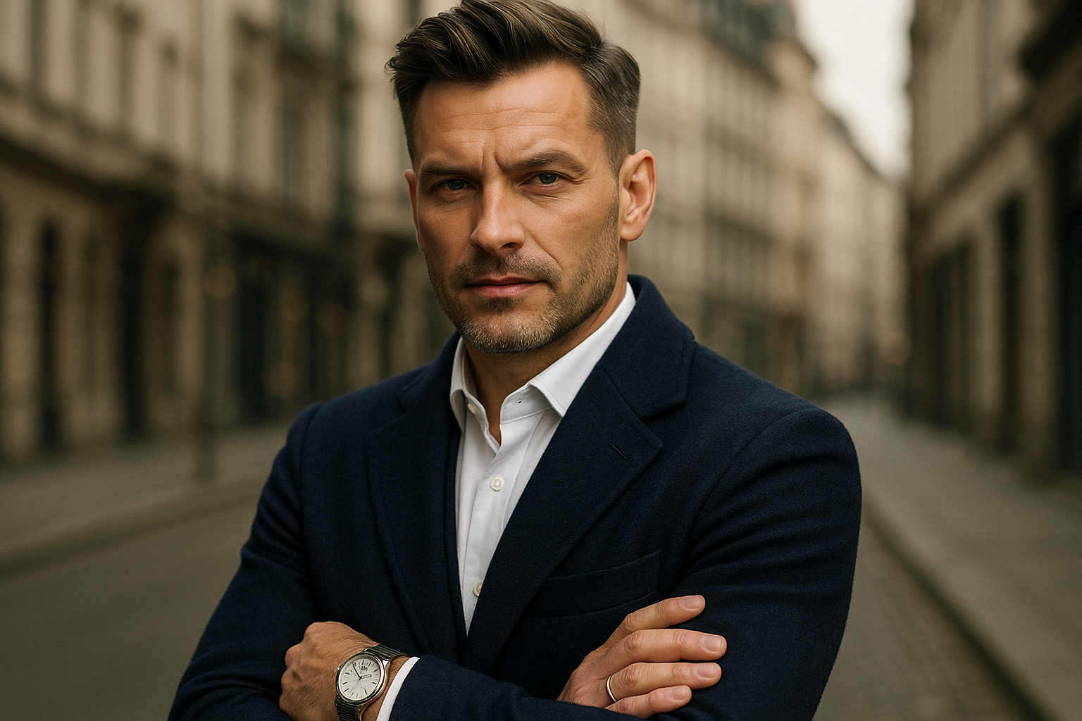 Create a hyper realistic image of a fashionable polish men of 40 years old